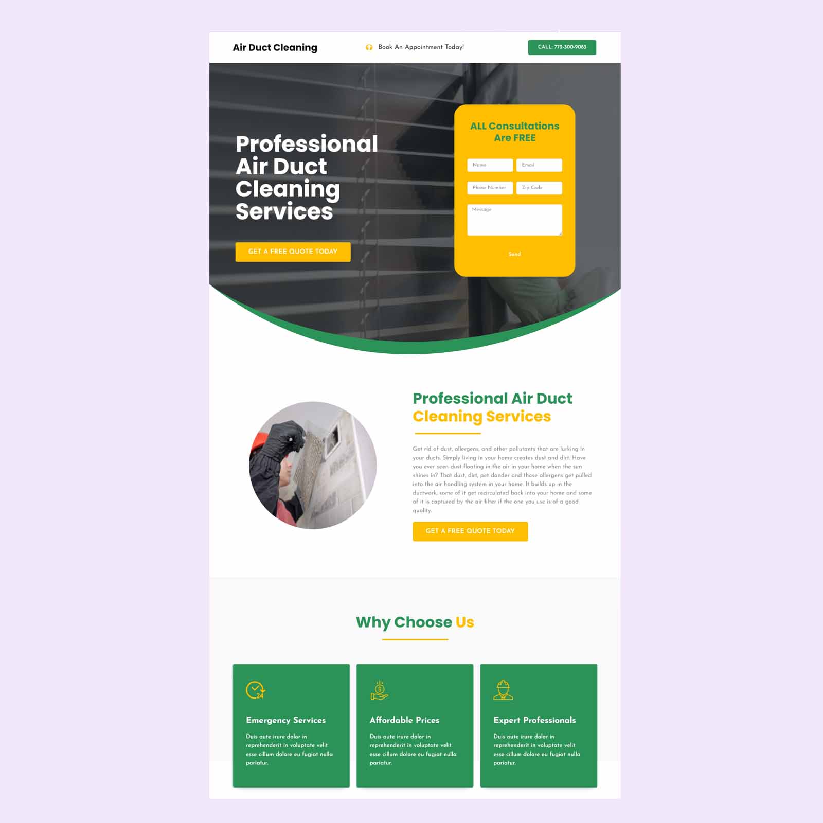 Air Duct Cleaning Landing page design